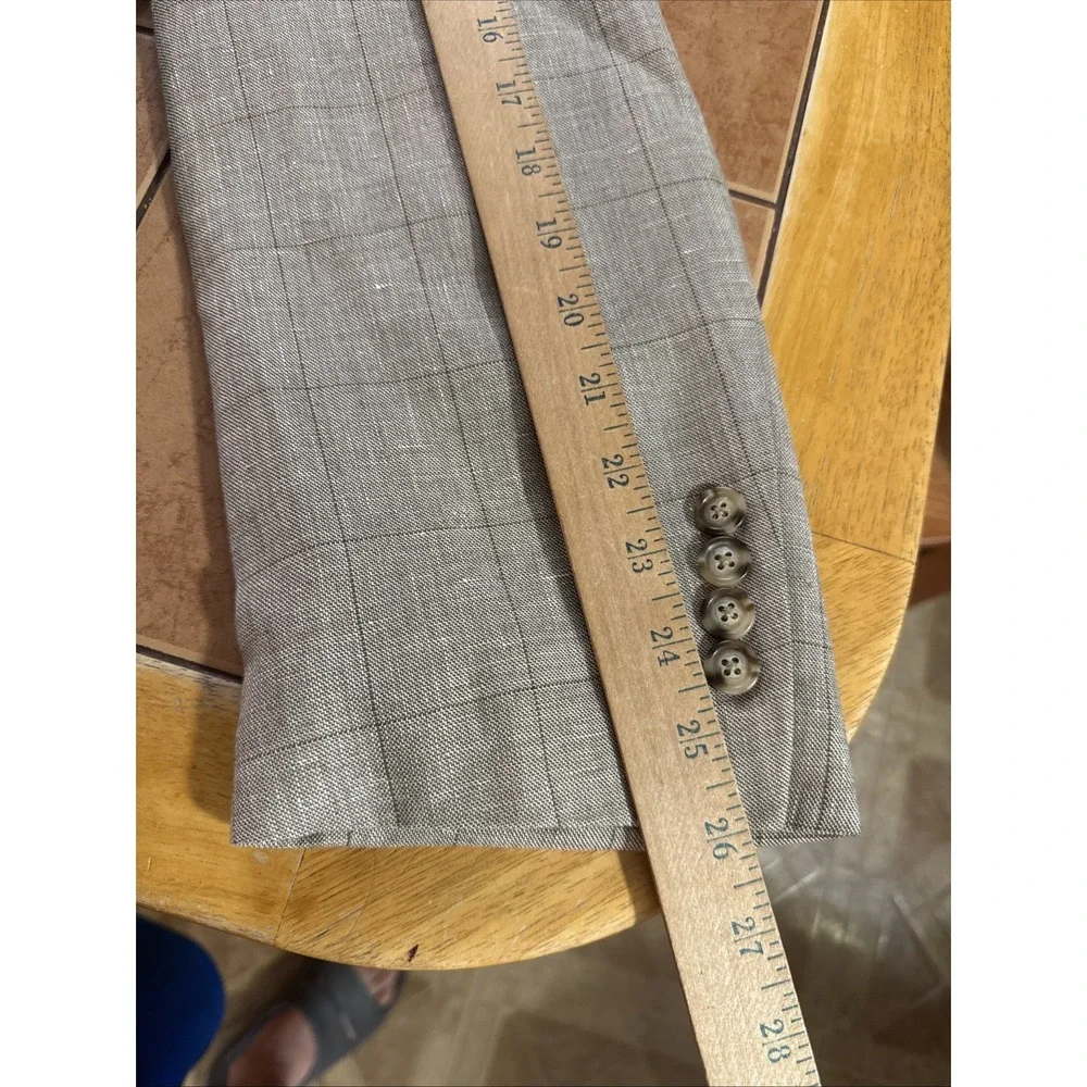 Jos A Bank Sport Coat Sz 46L Slim Beige Windowpane Plaid Silk Wool Linen Jacket